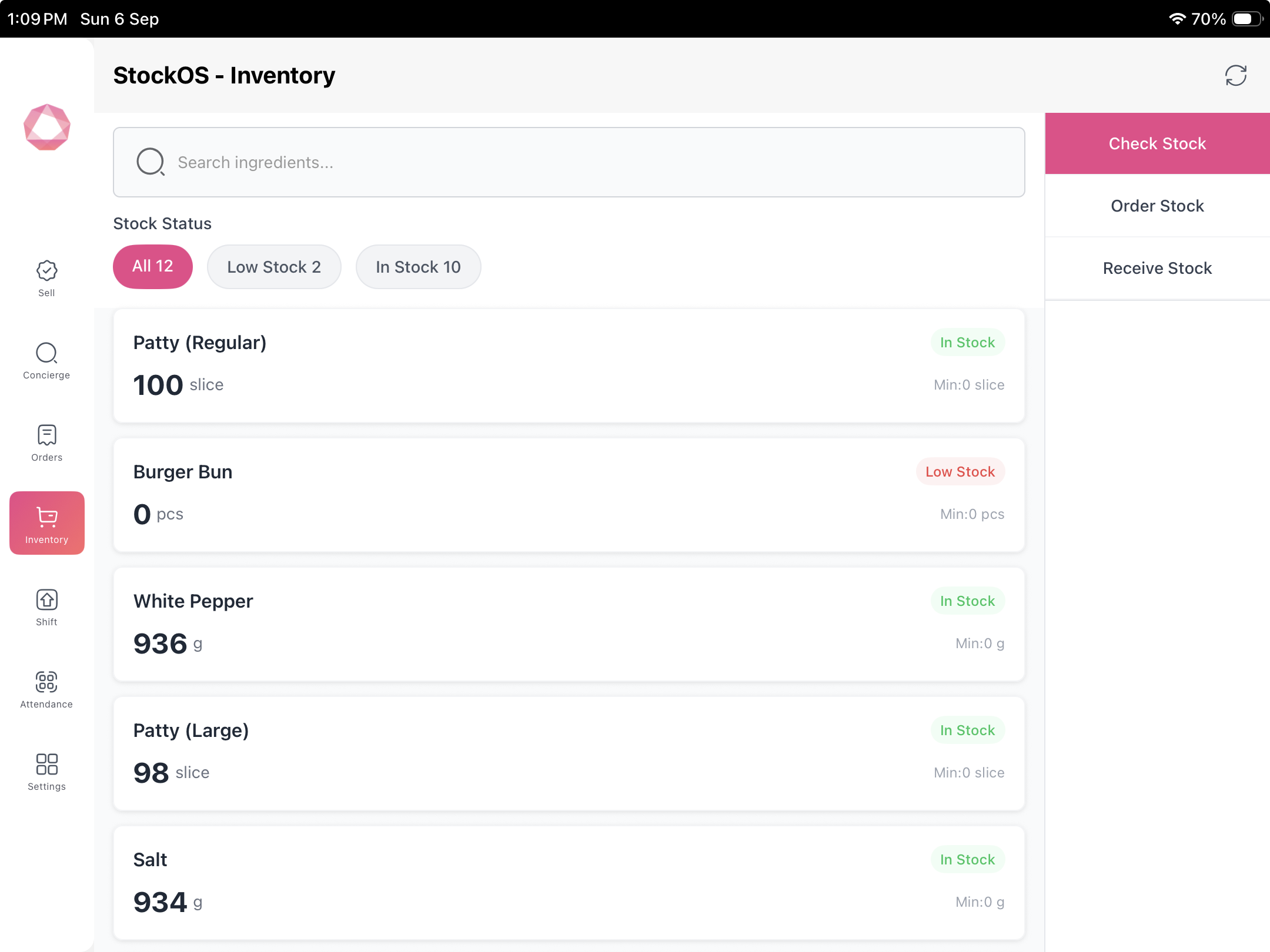 StockOS ingredient inventory with quantities and low-stock indicators